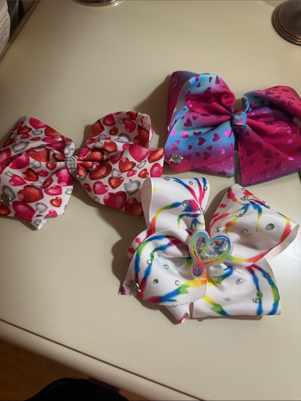 Lot of 3 JoJo bows:  Kids Heart & Rainbow Bow Set - Pink, White, Multicolor